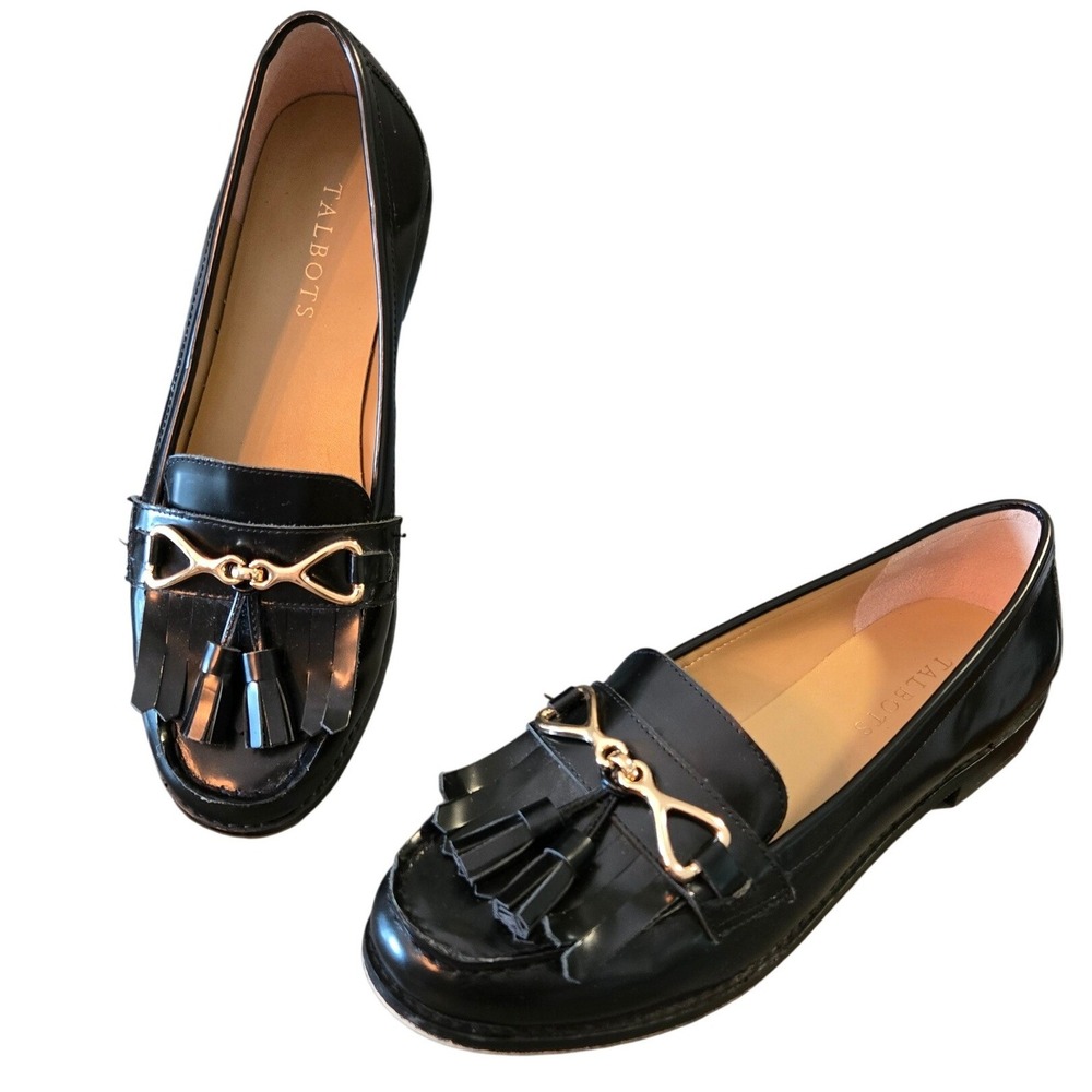 Talbots Black Patent Leather Loafers Tassel Gold‎ Hardware Slip On Womens 8.5